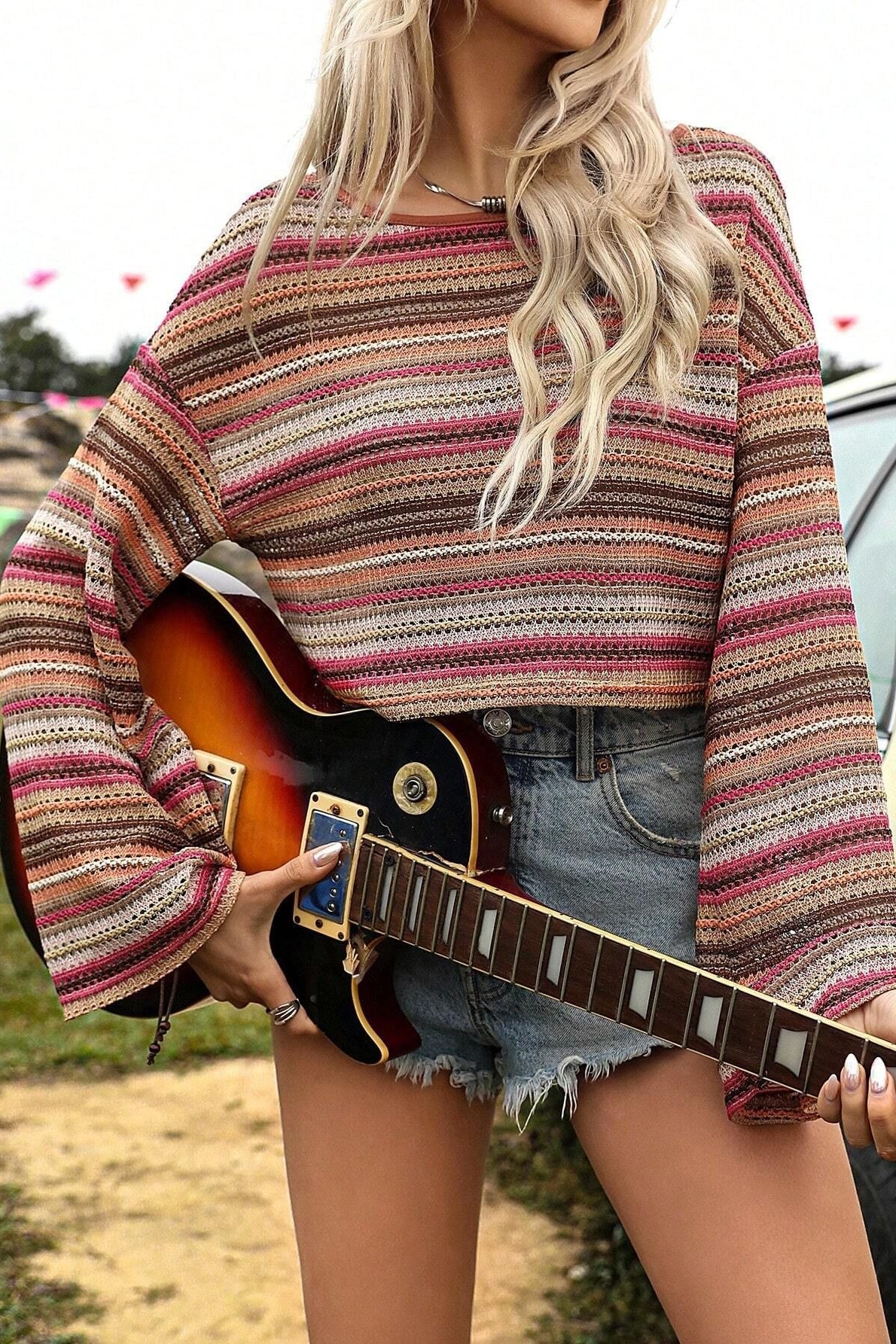 Sheer Striped Bell Sleeve Cropped Top