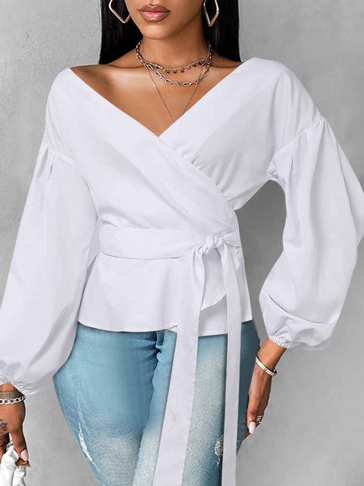 Lantern Sleeve Ruffled Belted Solid Color Blouse