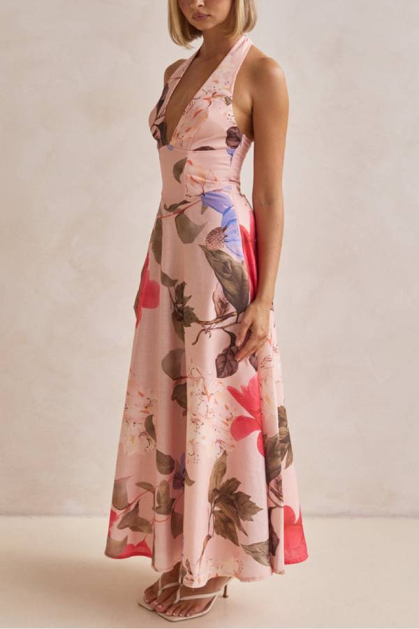 Terez Linen Blend Floral Print Halter Backless Tie-up Maxi Dress - Fashionpara