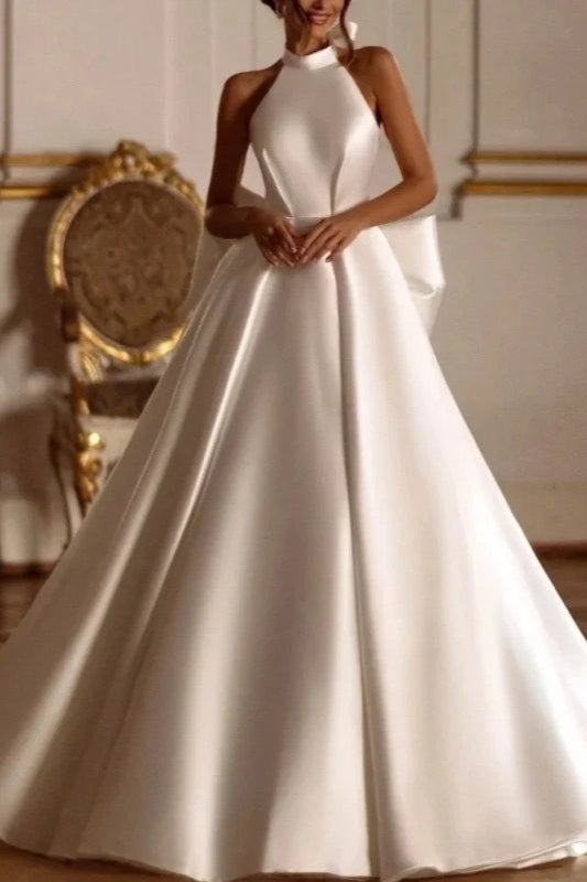 Satin Halter Backless Oversized Bow Ball Gown Wedding Dress - View 2