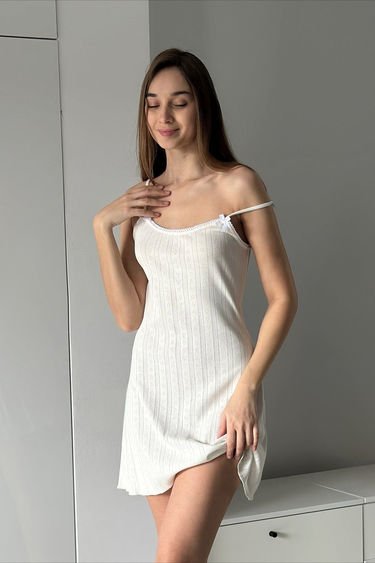 Pointelle Knit Sweetheart Bow Cami Mini Dress