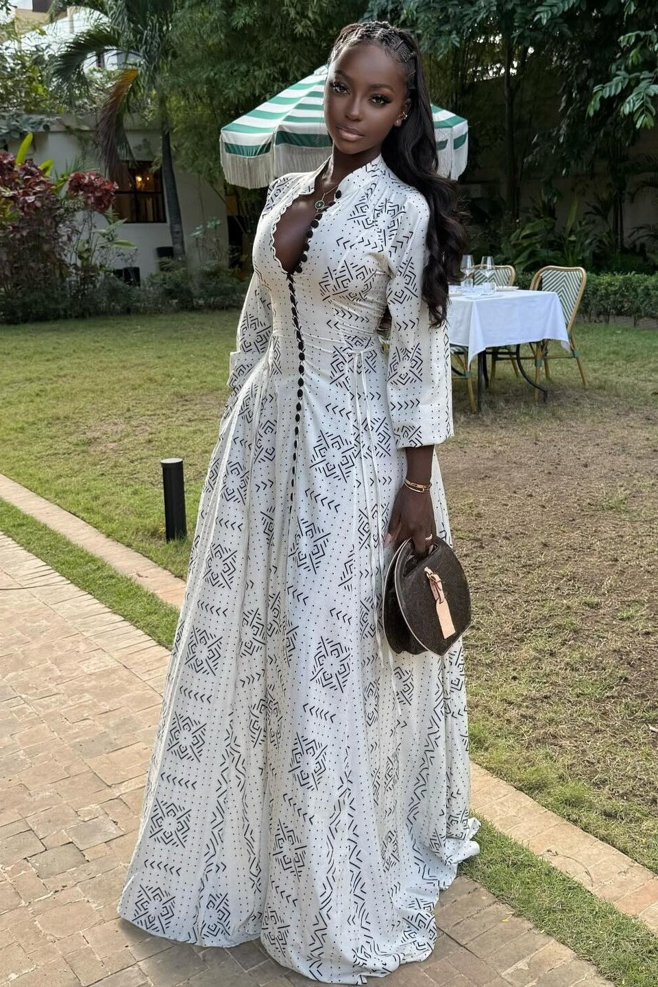 Geometric Print Button Front Long Sleeve Maxi Dress 3