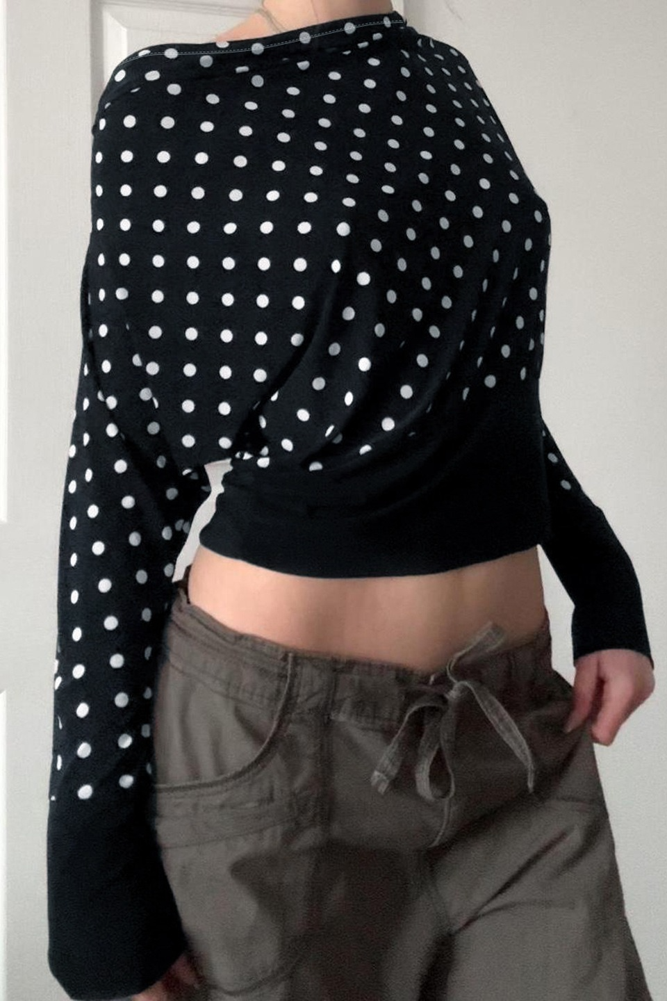 Polka Dot Print Slim Crop Waist Long Sleeve Crop Top - Fashionpara