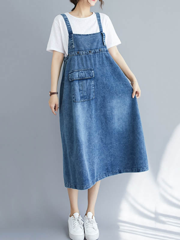 Denim Bib Strap Cargo Pocket Loose Fit Midi Overall Dress - View 3