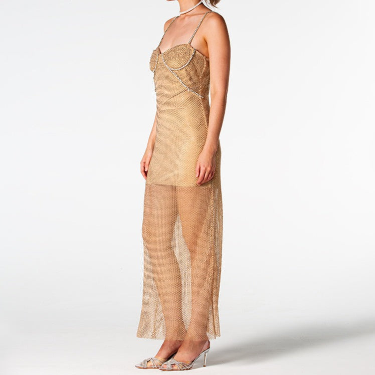 Rhinestone Mesh Strappy Bodycon Maxi Dress