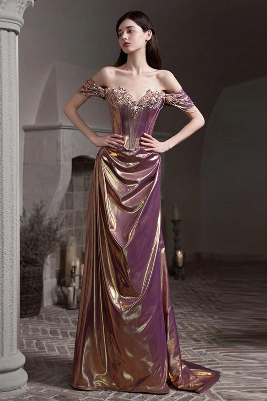 Off Shoulder Sweetheart Ruched High Split Mermaid Gown in Purple
