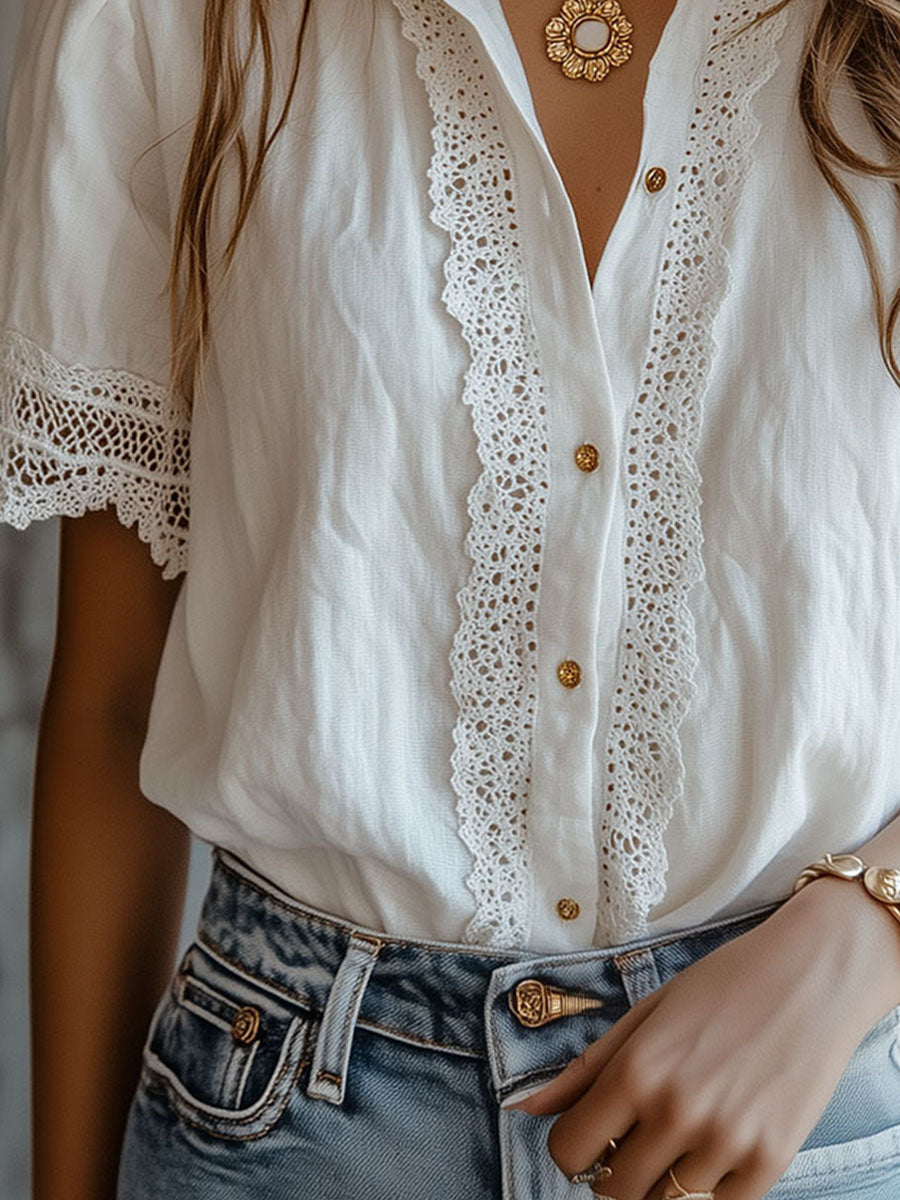 Vintage-Inspired Lace Trim White Blouse - Fashionpara