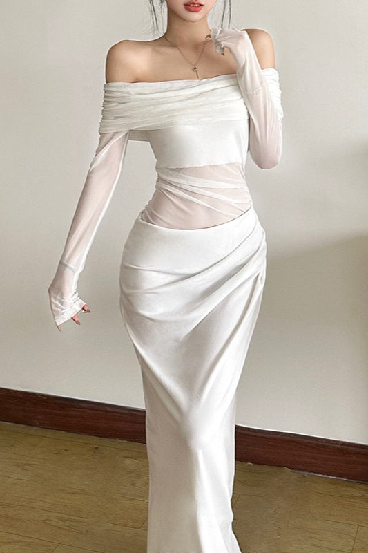 Off Shoulder Long Sleeve Sheer Mesh Ruched Bodycon Maxi Dress - View 18
