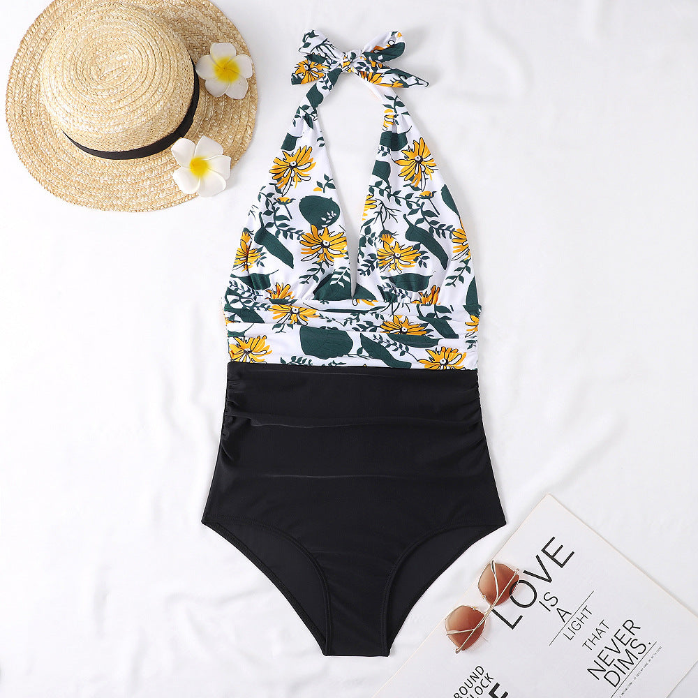 Deep V Open Back Leaf Print One-piece Swimsuit - Fashionpara
