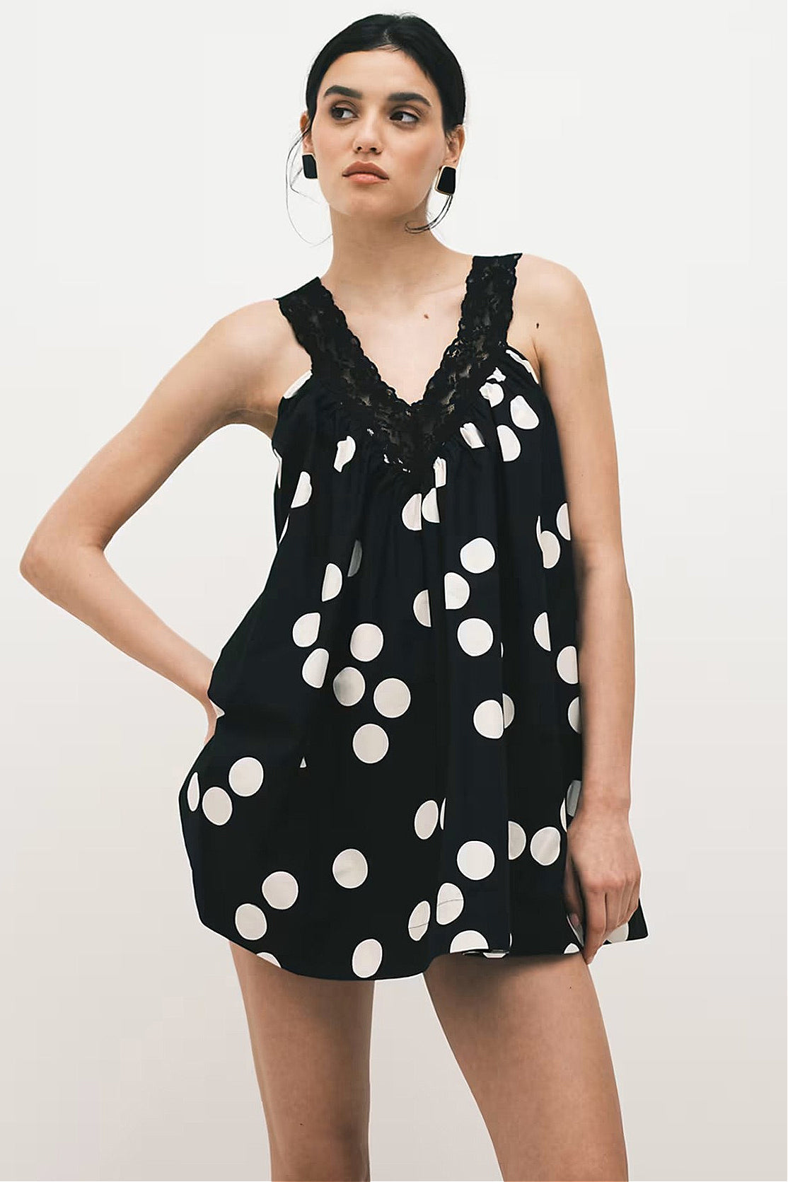 Polka Dot V-Neck Lace Trim Babydoll Mini Dress