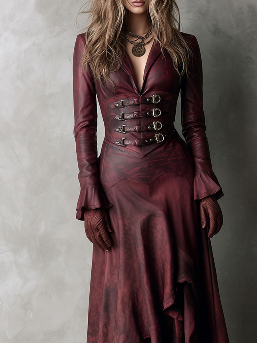High-Low Burgundy Eco Leather Long Coat Dress With Buckle Corset Waist - Fashionpara