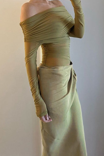 Off Shoulder Long Sleeve Sheer Mesh Ruched Bodycon Maxi Dress - View 9