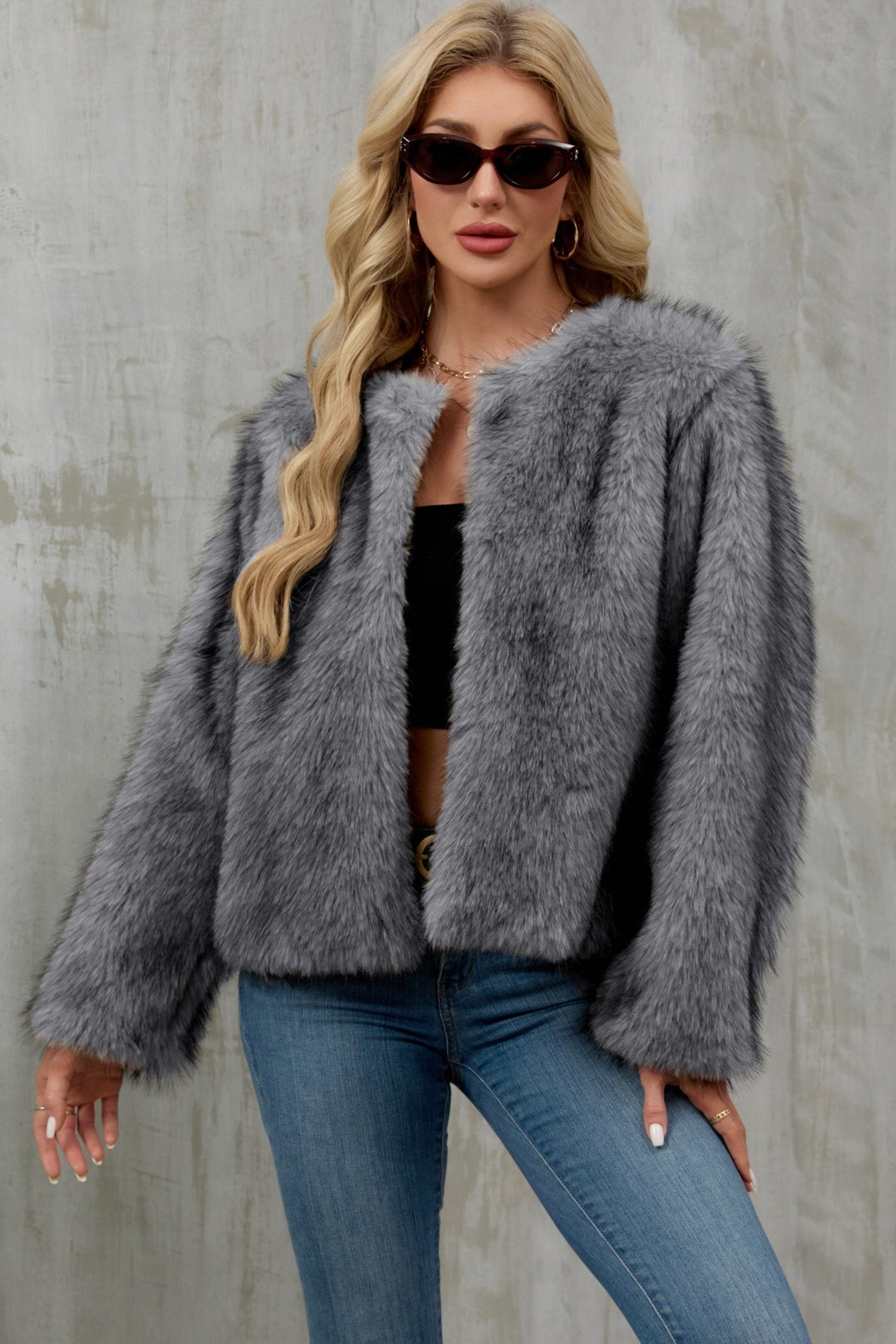 Cropped Faux Fur Zip Coat - Fashionpara