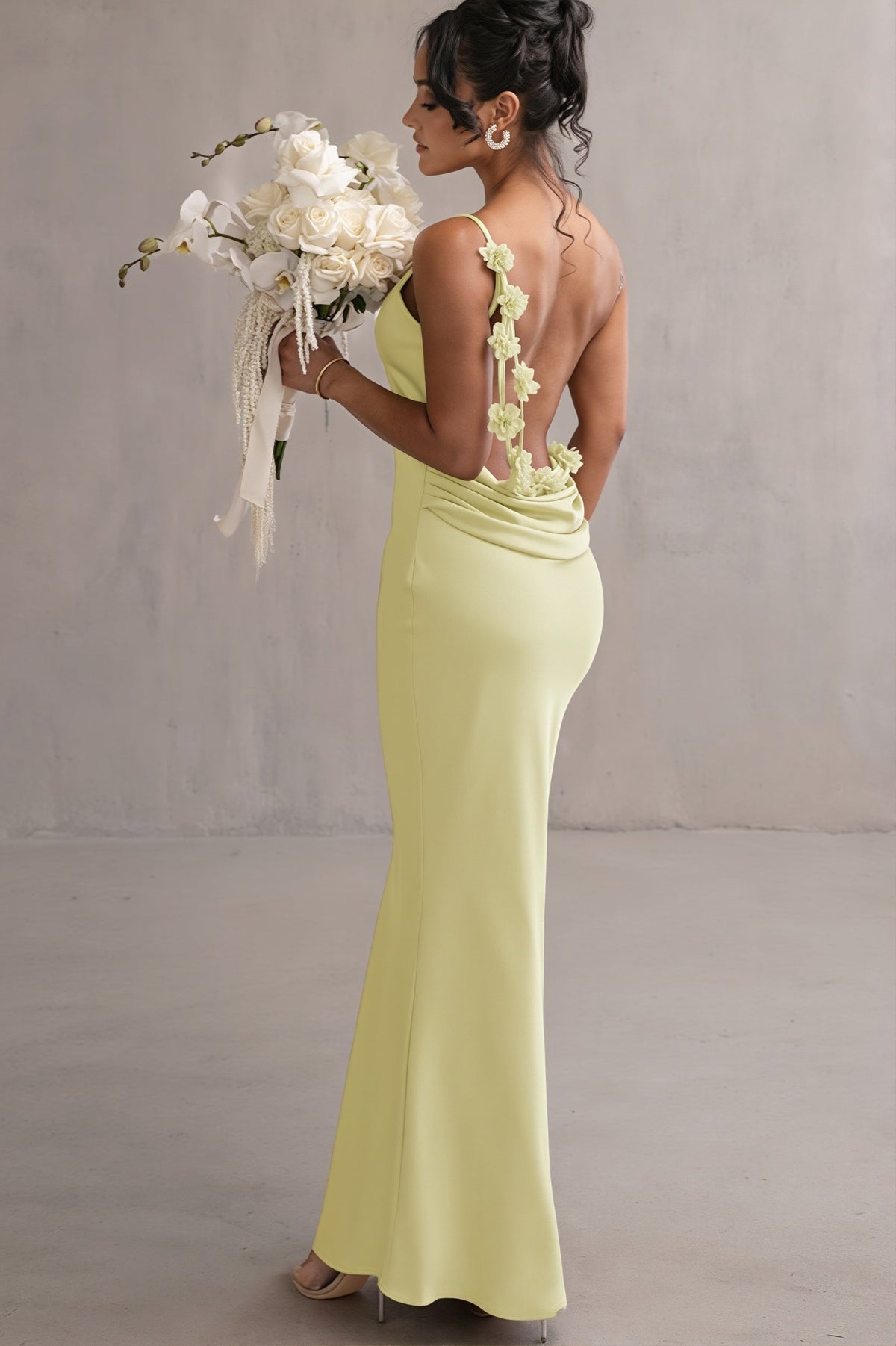 Satin Backless Floral Strap Draped Maxi Gown
