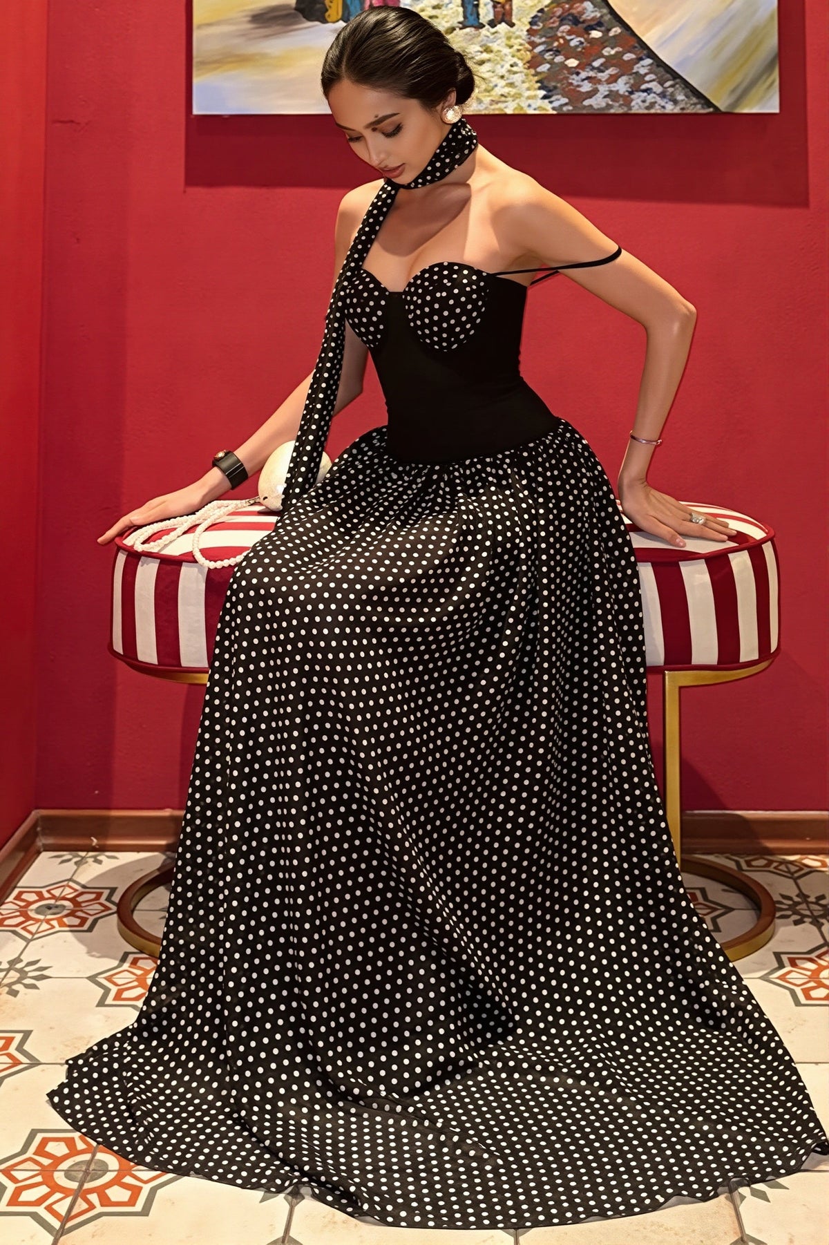 Polka Dot Spaghetti Strap Bustier Sheer Maxi Dress 5