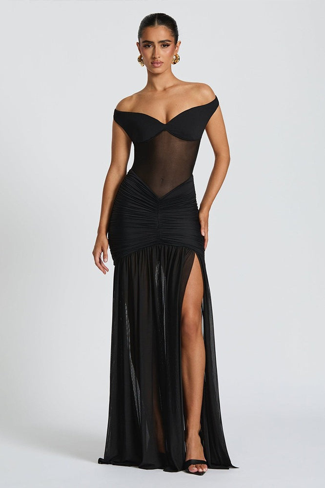Mesh Off Shoulder Ruched High Split Mermaid Maxi Dress