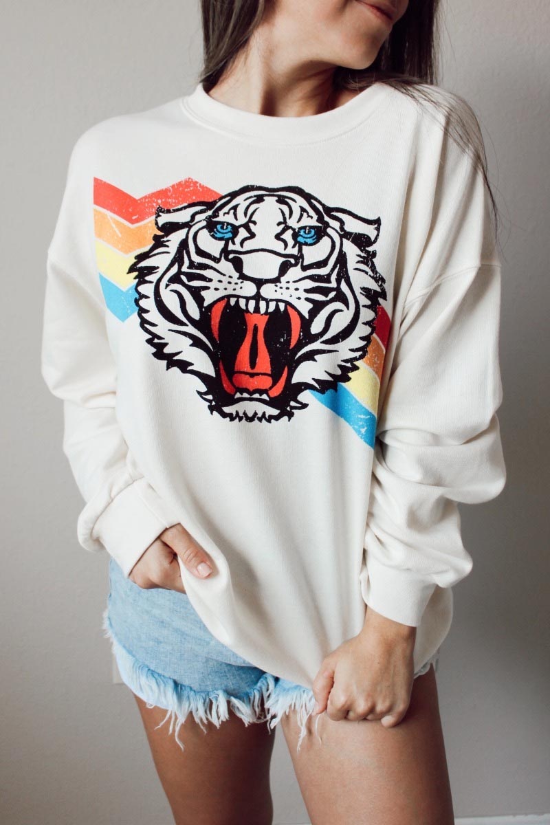 Striped Tiger Print White Sweatshirt Fashionpara
