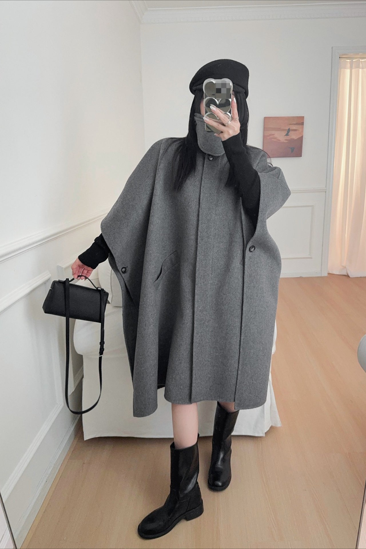 Beige Lapel Double Faced Wool Blend Cape Convertible Overcoat
