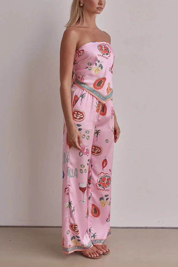 Linen Blend Unique Printed Bandeau Top and Elastic Waist Pocket Pants Set - Fashionpara