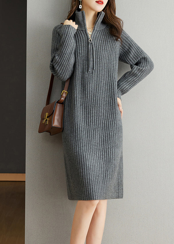 Ribbed Knit Mock Neck Half Zip Long Sleeve Shift Knee Length Dress - View 2