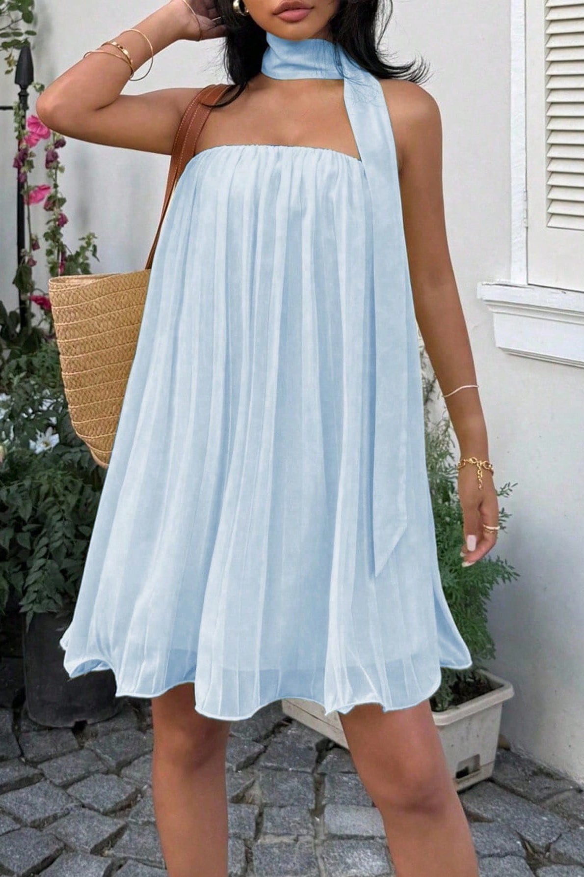Chiffon Halter Neck Pleated Babydoll Mini Dress
