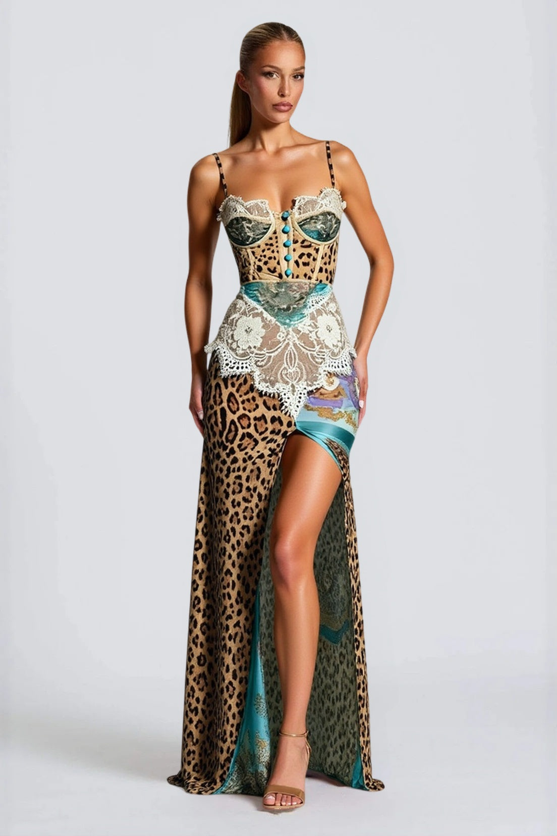 Leopard Lace Mesh Midi Dress in Coffee