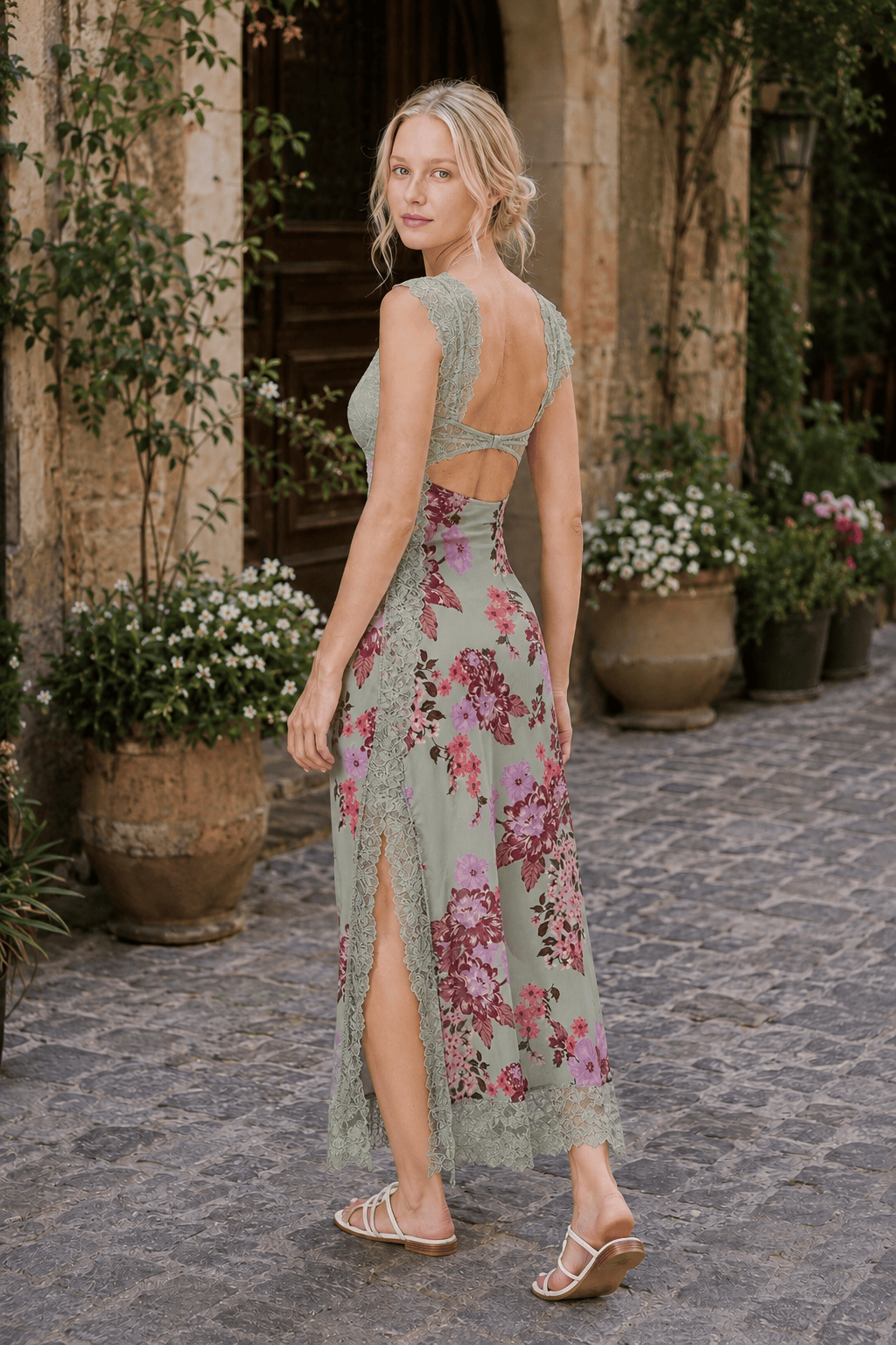 Floral Lace-Trim V-Neck Cut-Out Satin Maxi Dress
