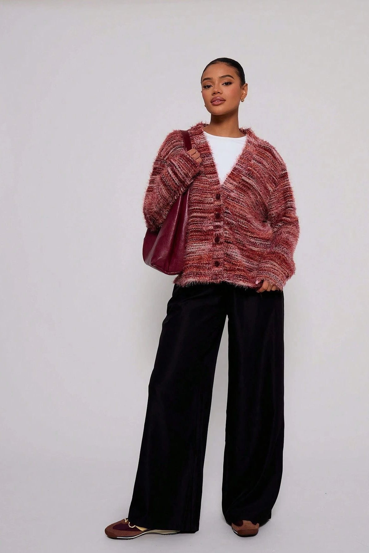 Deep V-Neck Plush Knit Cardigan for Retro Fashion Lovers