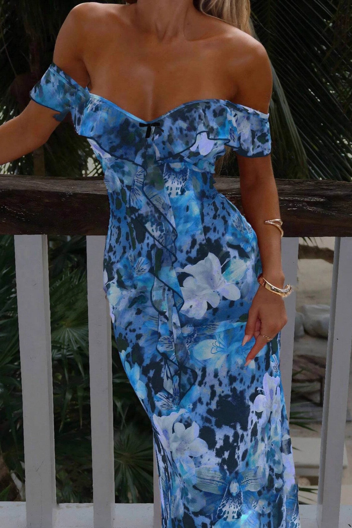 Floral Print Off Shoulder Ruffle Bias Cut Maxi Dress