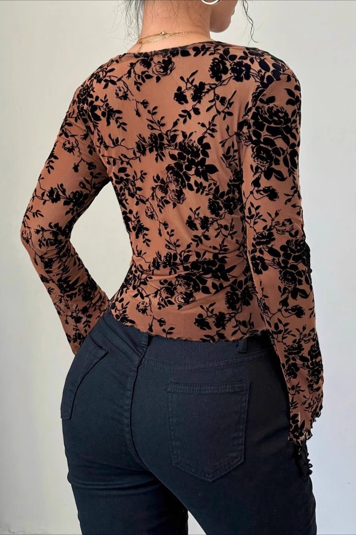 Sheer Lace Flared Sleeve Blouse