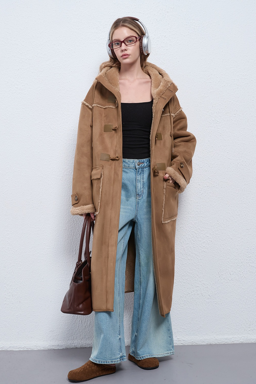 Hooded Suede Shearling Horn Button Long Thick Overcoat