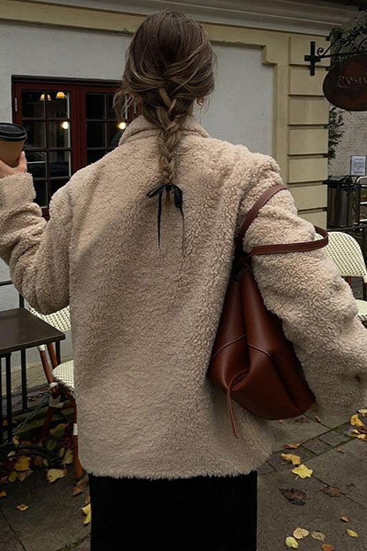 Lapel Collar Zip Up Fleece Coat - Fashionpara