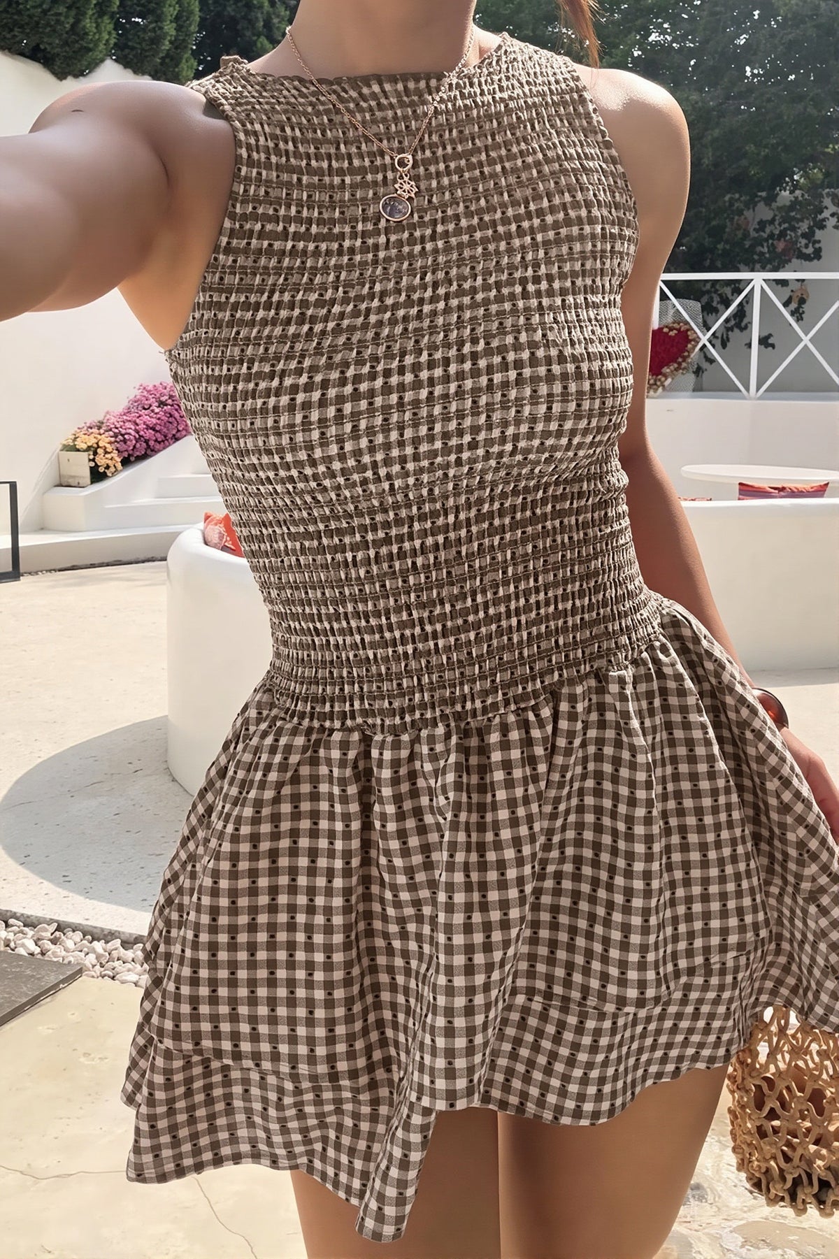 Gingham Shirred Tiered Fit and Flare Mini Dress