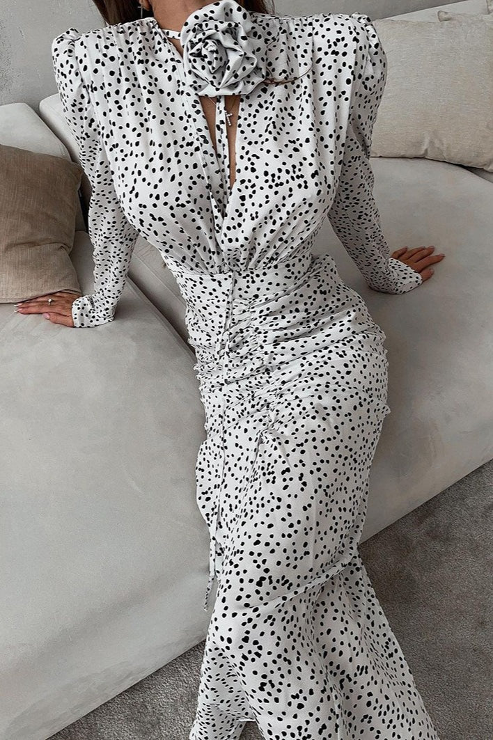 Spot Print Puff Sleeve Ruched Mermaid Maxi Dress
