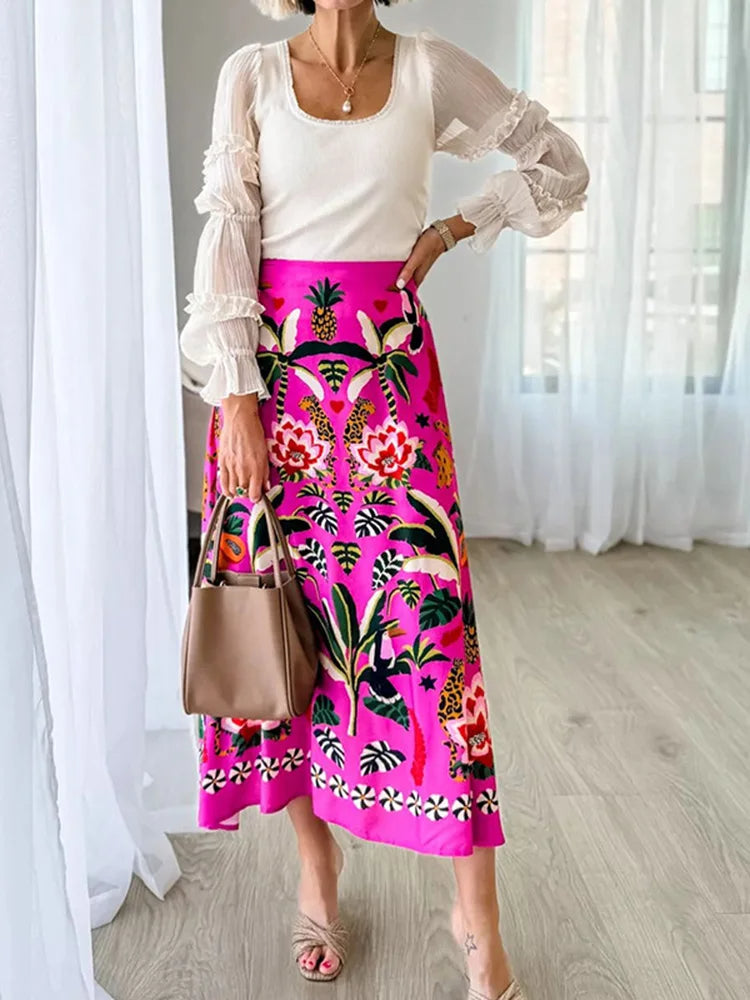 Printed A-Line Skirt Plants Flowers Zipper Spring Summer Fashion Skirt