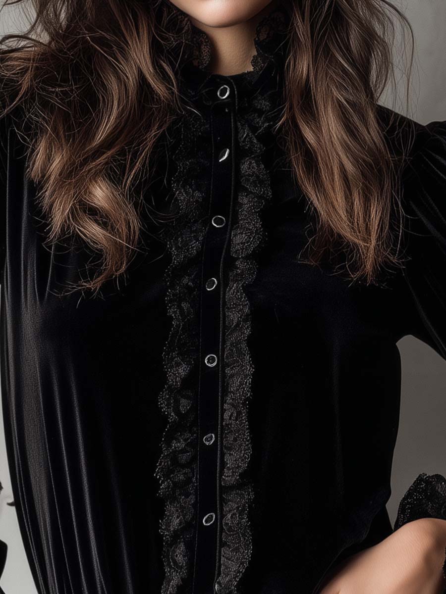 Velvet Ruffle Lace Blouse With Puff Sleeves - Fashionpara