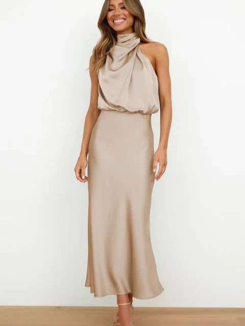 Satin Mock Neck Cowl Drape Sleeveless Bias Cut Midi Cocktail Dress - View 6