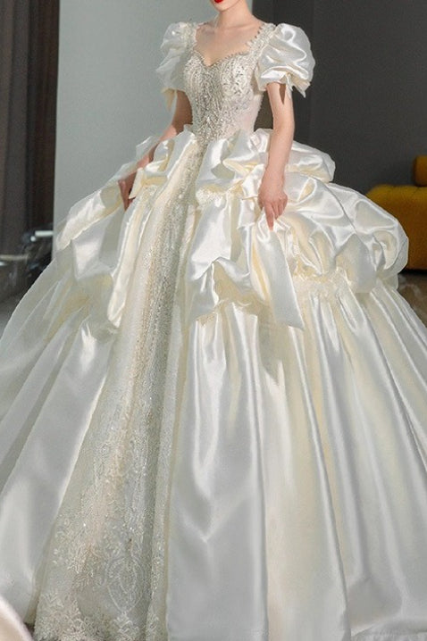 Satin Square Neck Puff Sleeve Beaded Ball Gown
