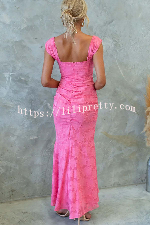 Unreal Beauty Floral Textured Material Ruched Fishtail Maxi Dress - Fashionpara