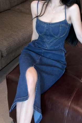 Denim Strapless Corset High-Slit Bodycon Dress