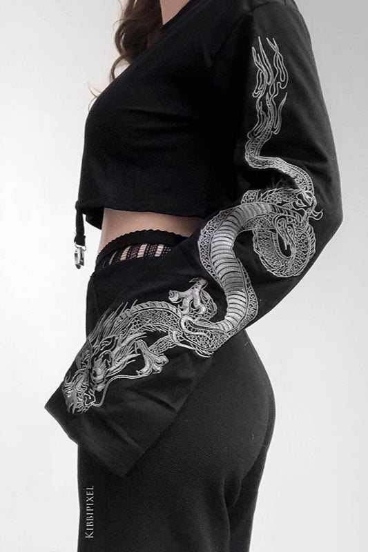 Dragon Print Cropped Hip Hop Hoodie