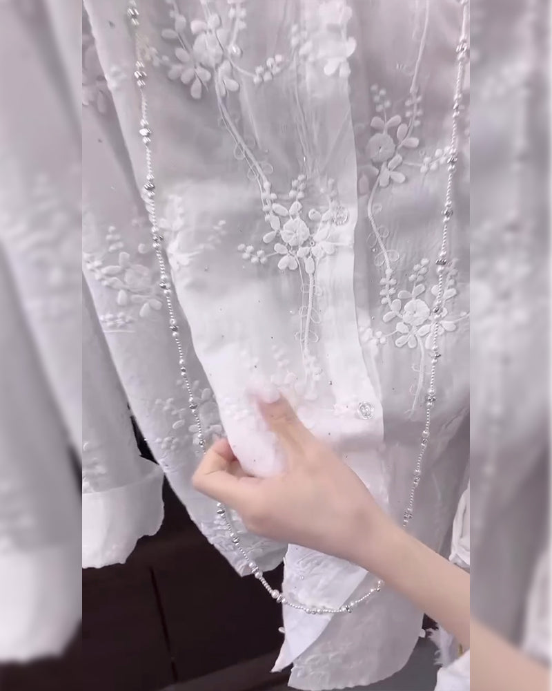 Collared Long Sleeve Floral Embroidered Button Front Shirt 4