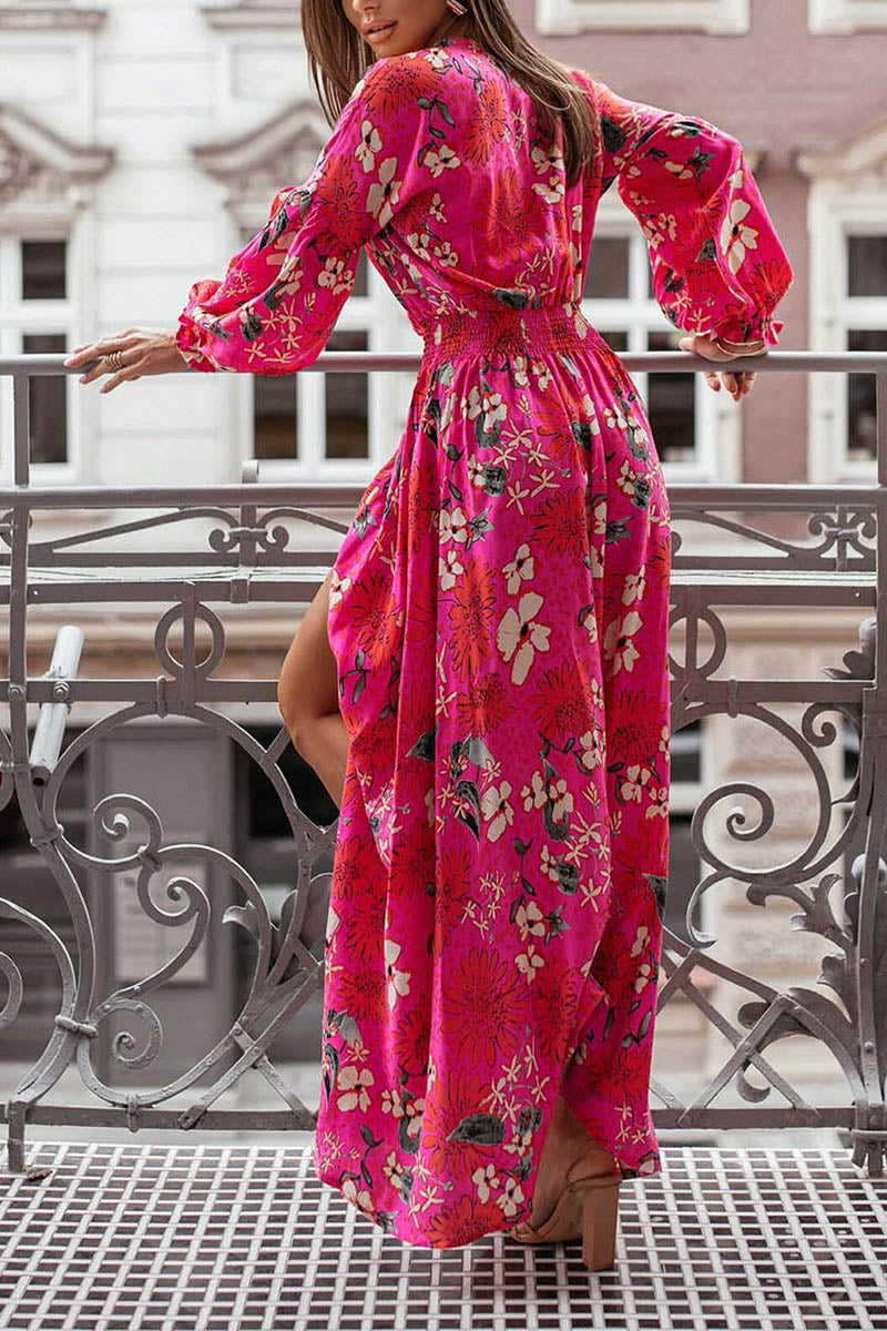 Printed V-neck Slit Long Sleeve Dress - Fashionpara