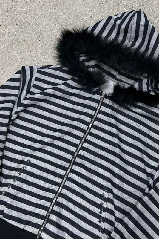 Faux Fur Trim Striped Zip Hoodie 3