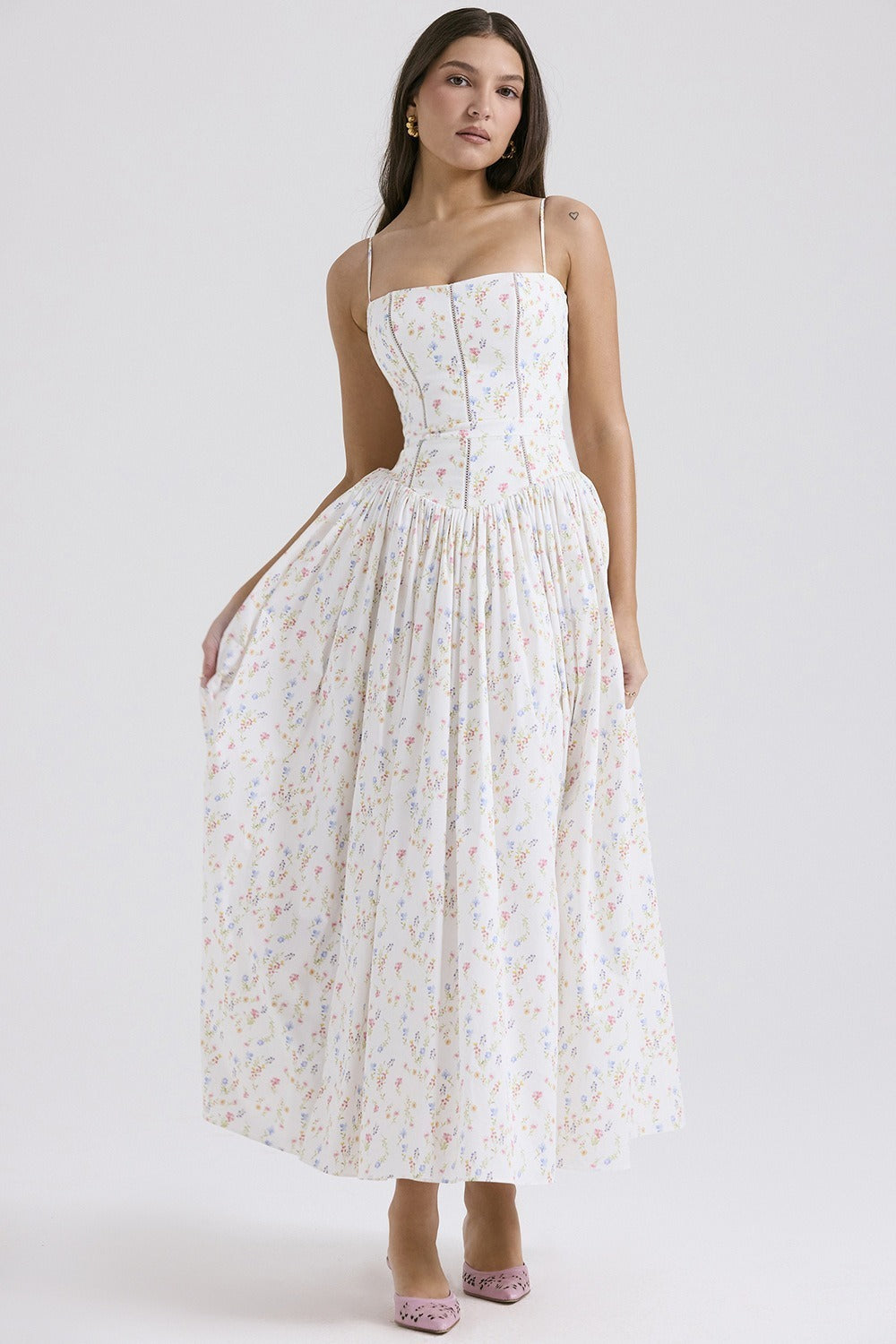 Floral Print Corset Drop Waist Full Skirt Maxi Dress