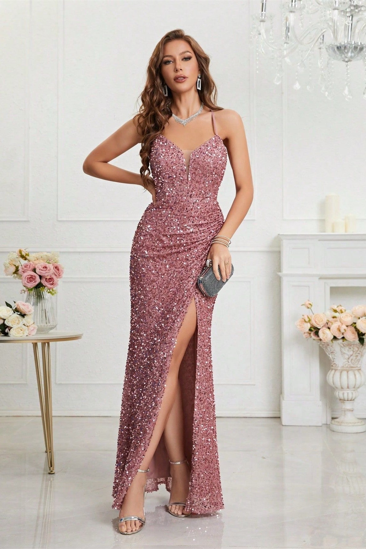 Spaghetti Strap Sweetheart Sequin Ruched High Split Mermaid Gown