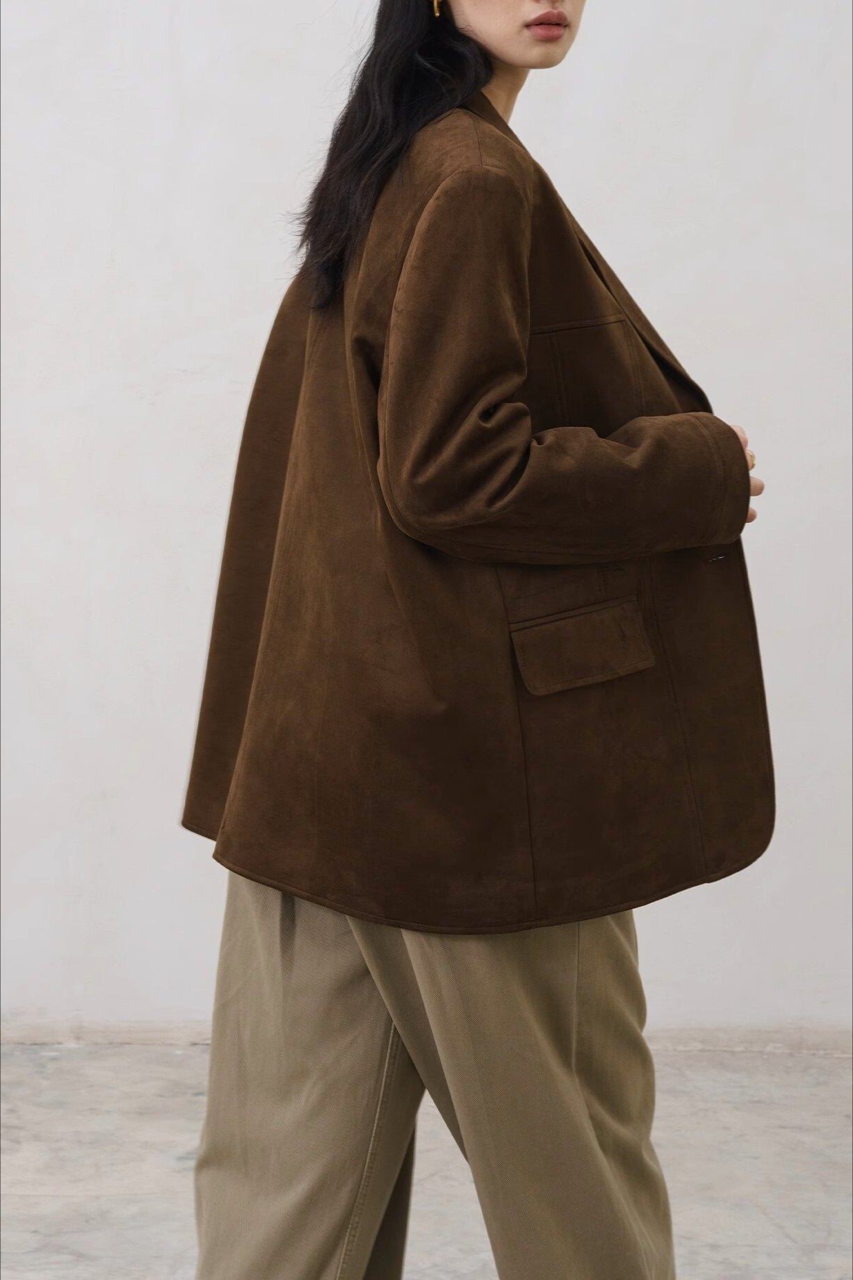 Brown Faux Suede Blazer Coat - Fashionpara