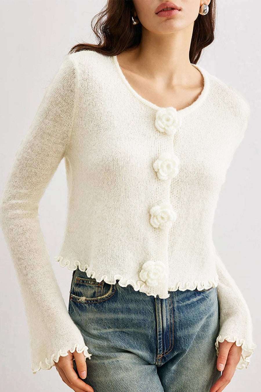 Slim-Fit 3D Floral Ruffled Knit Cardigan for Elegant Style