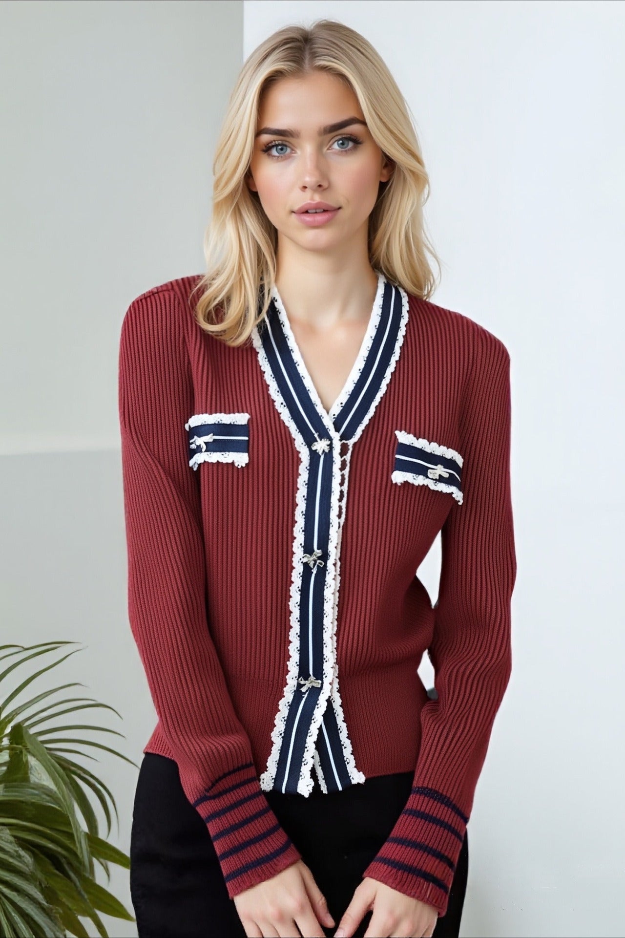 Colorblock Lace Trim V-Neck Knit Cardigan for Stylish Comfort