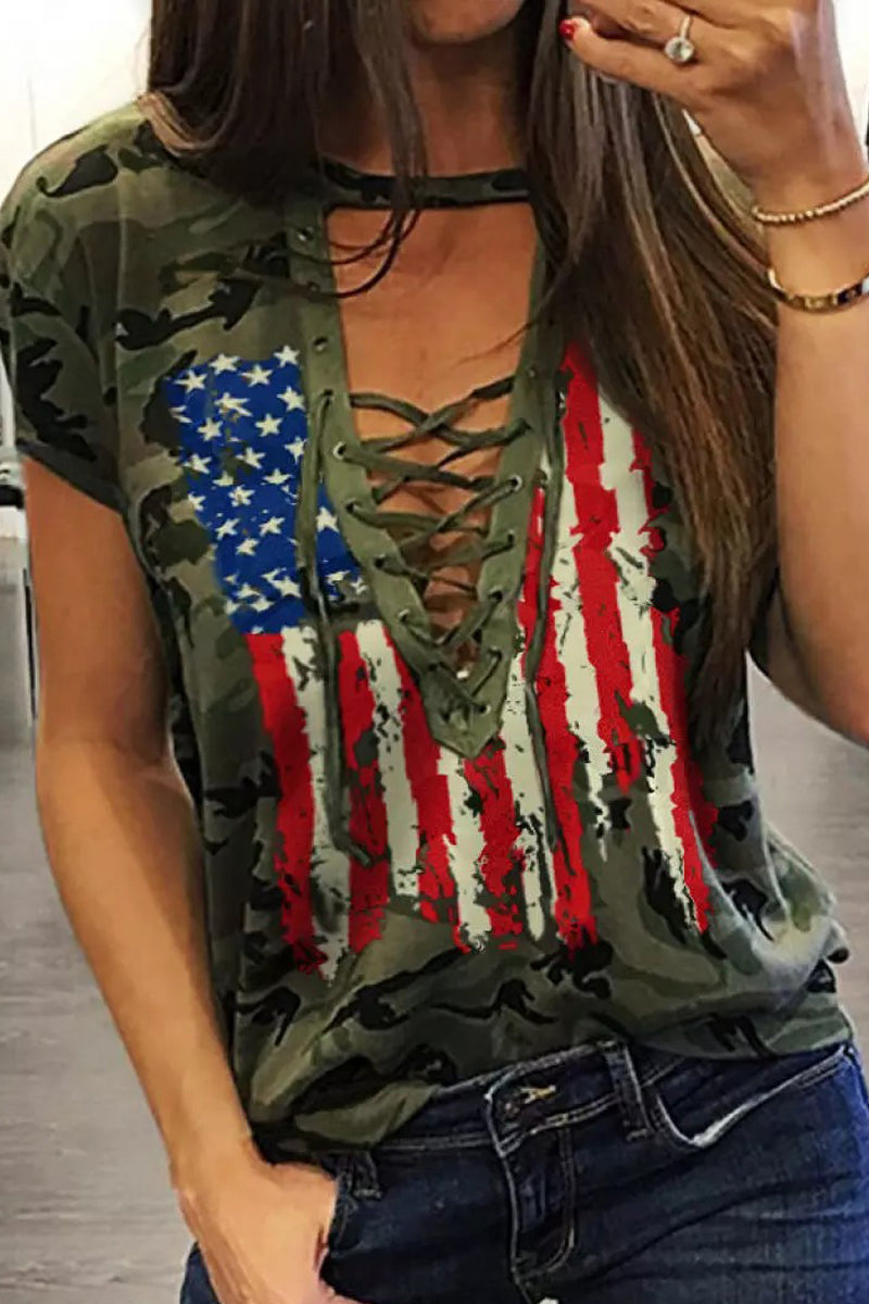 Camouflage American Flag Lace Up Blouse - Fashionpara